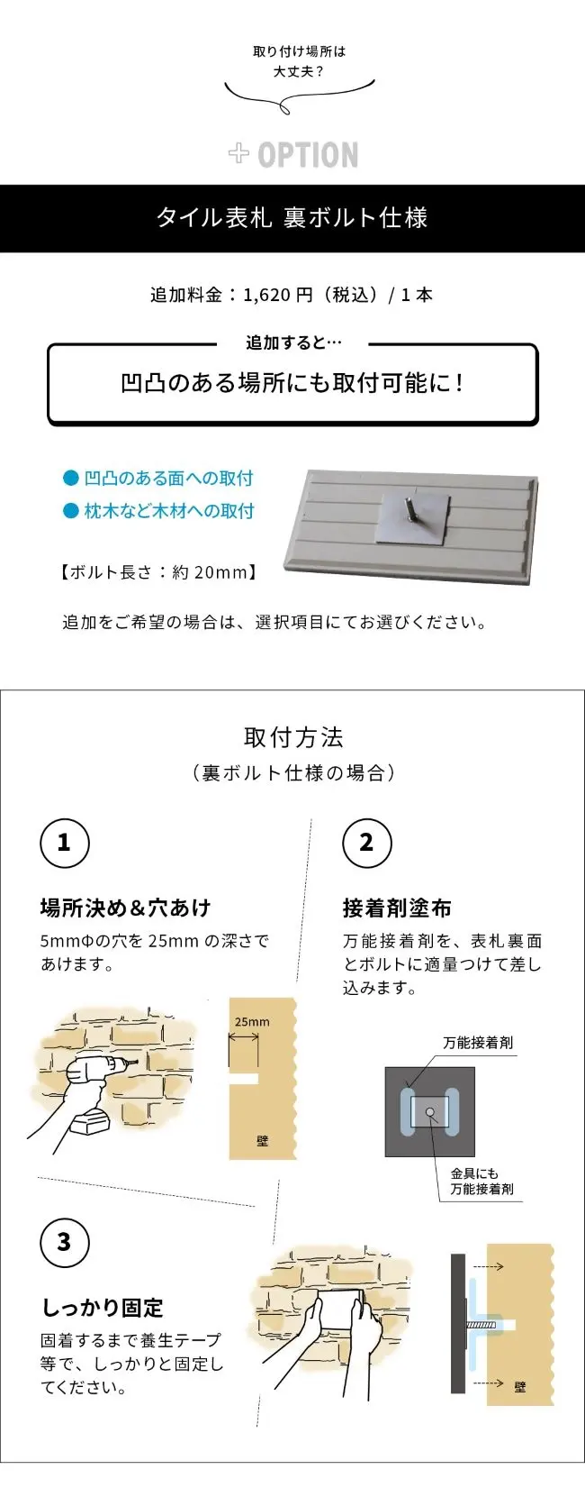 取付方法 裏ボルト追加 凹凸のある場所 枕木 穴あけ