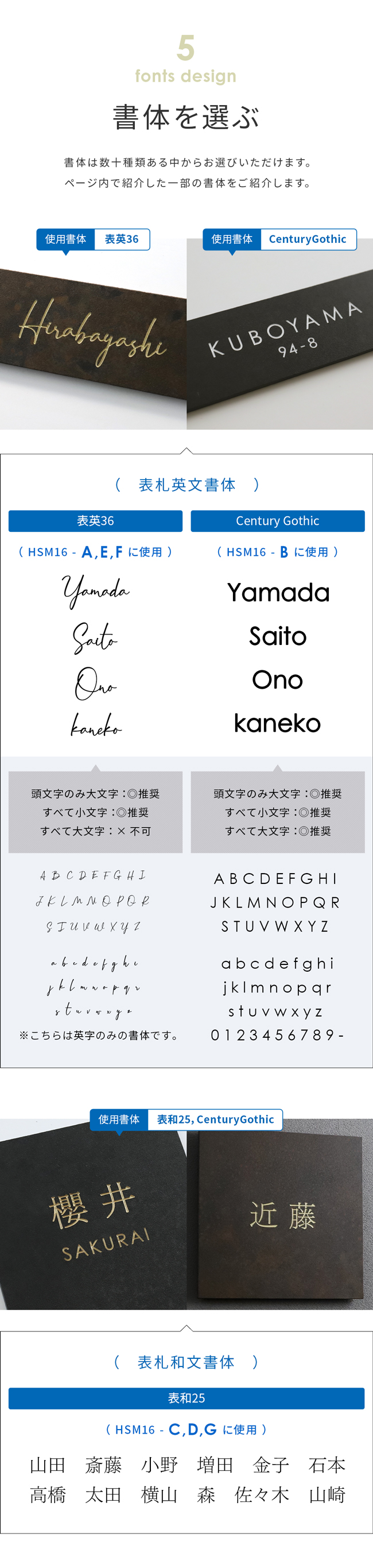 書体を選ぶ 英字 漢字 ひらがな カタカナ 番地 フォント デザイン タイル表札【hsm-16】