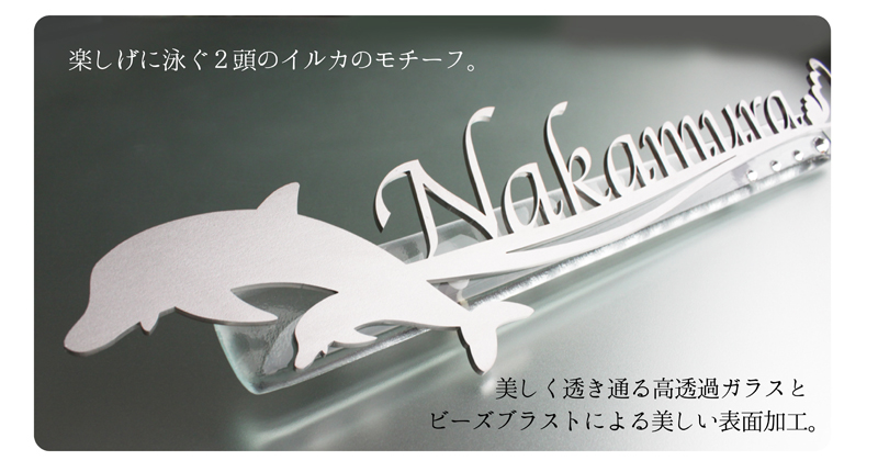 表札 ステンレス 切り文字 楽しげに泳ぐ2頭のイルカのモチーフ レーザーカットステンレス表札【LCS-16】