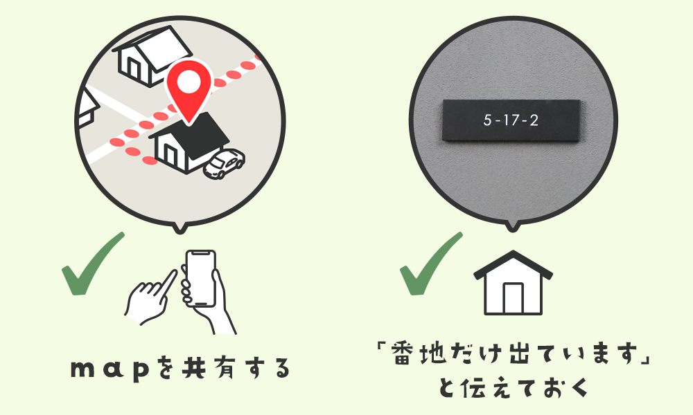 「番地だけ出ています」と伝えておく、またはGoogle Mapのピンを共有するなどすると、訪れる人に見つけやすく、安心してもらえます。