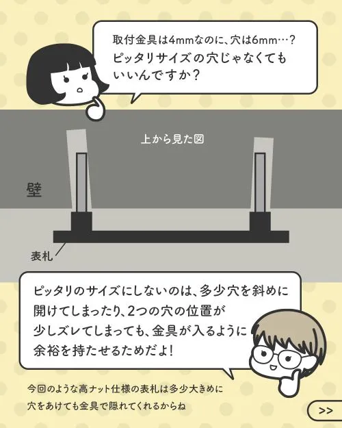 金具より少し大きめの穴を開けることの理由を説明している